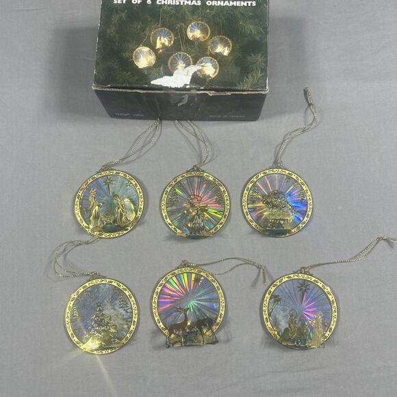 Vintage holographic starburst metal Christmas ornaments set of 6 in original box - Picture 1 of 10